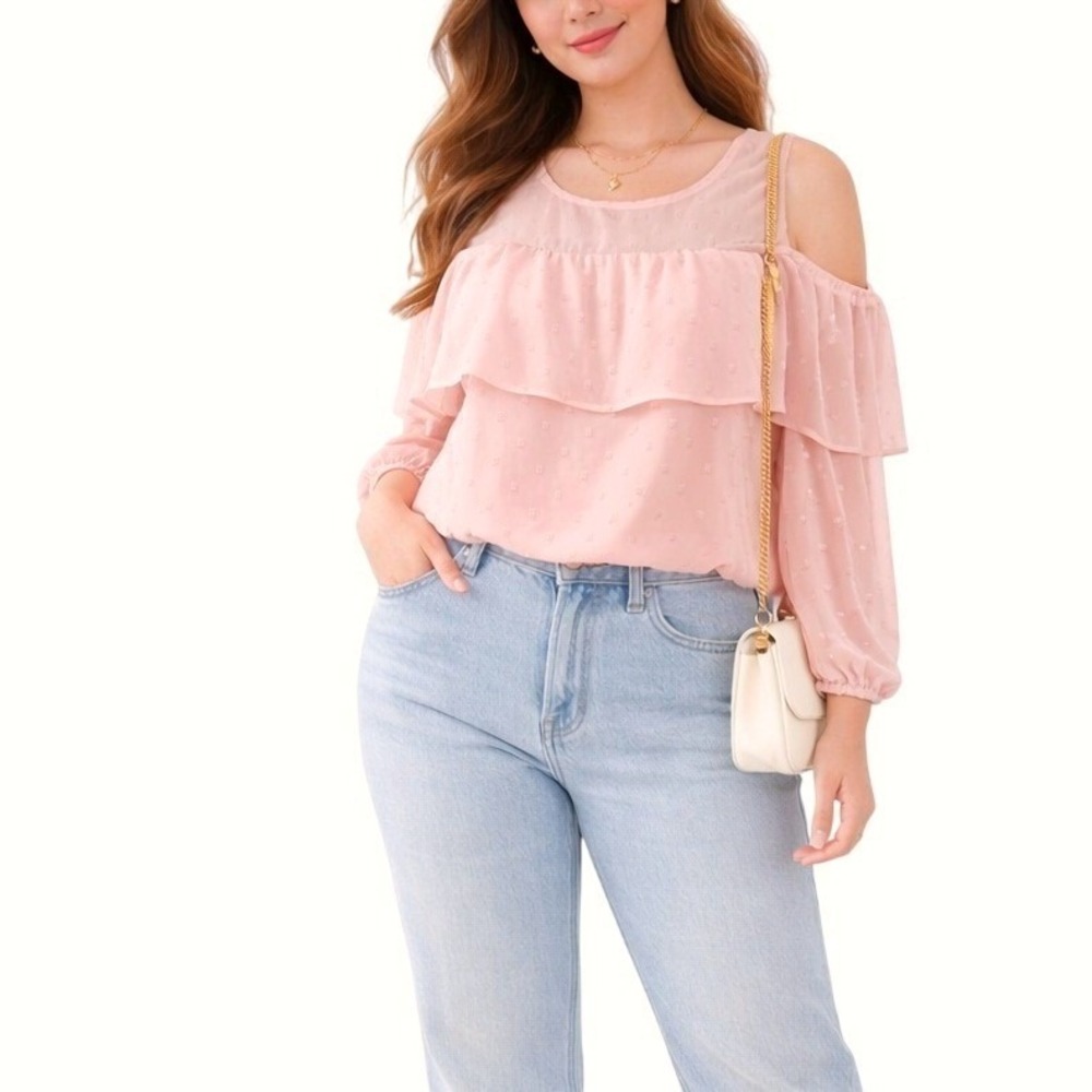 OLD NAVY Size Medium Pink Textured Chiffon‎ Sheer Yoke Cold Shoulder Blouse